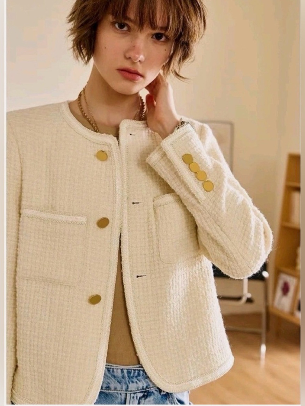 Urban Revivo Nubby Tweed Crop Jacket M Cream Blazer Gold Buttons Old Money NEW